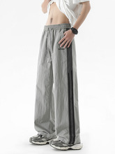 速干裤子女夏季美式潮牌宽松直筒长裤薄款灰色条纹休闲运动裤