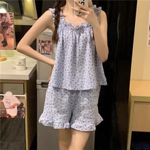 夏季泡泡皱睡衣女可爱高级感吊带短裤ins风套装家居服女士pajamas