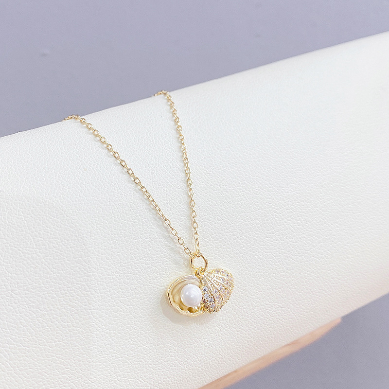 Full Diamond Temperament Wild Korean Style Shell Pearl Necklace Neck Accessories Birthday Gift for Girlfriend Clavicle Chain Pendant