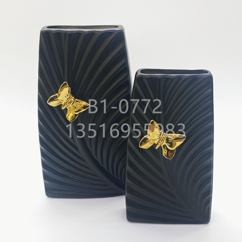 Modern Minimalist Ins Style Matte Black Golden Butterfly Leaf Pattern Vase Ceramic Vase Creative Geometric Flower Flower Container
