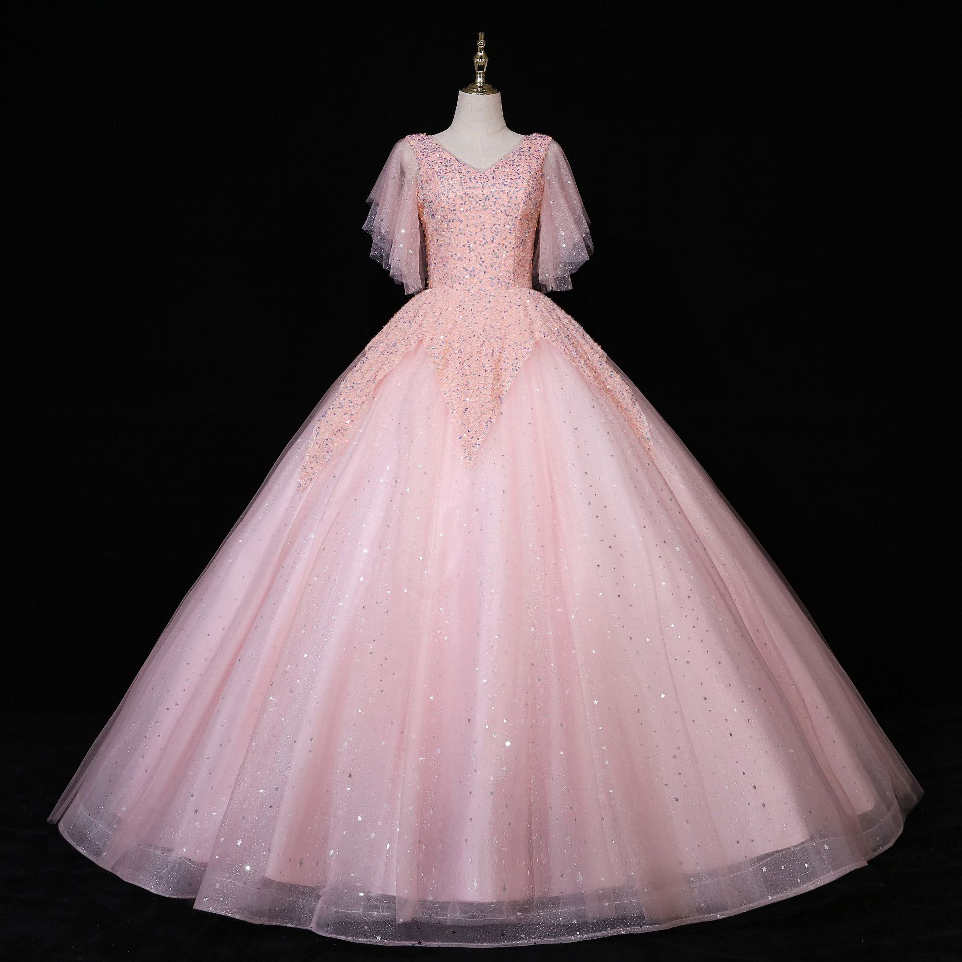 跨境外贸婚纱晚礼服 浅粉色v领新娘敬酒服晚宴舞台演出蓬蓬裙供应