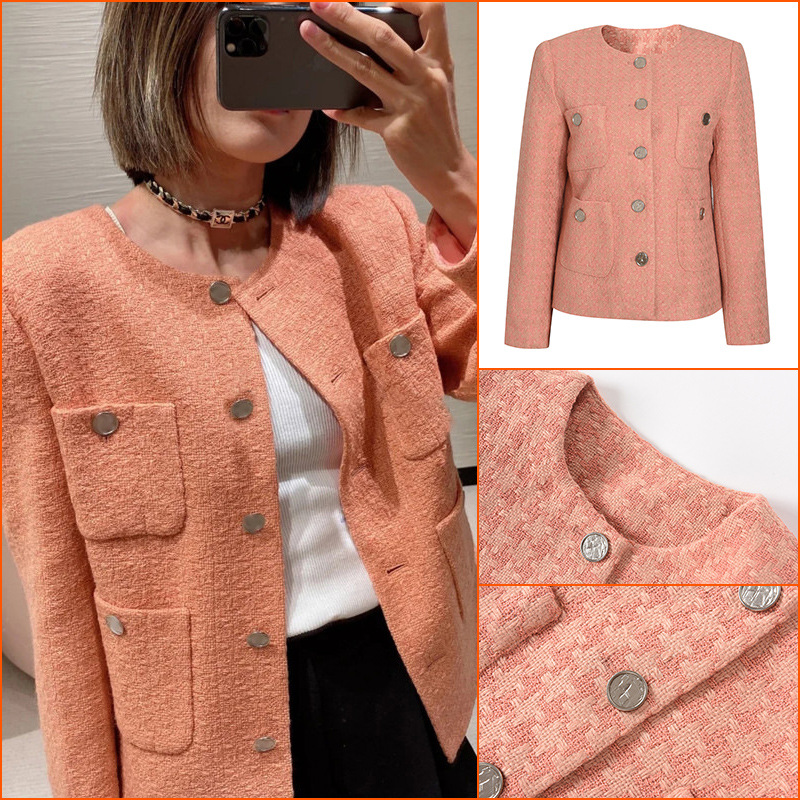 c家2021秋冬新款西柚色小香名媛风粗花呢外套小个子短款呢子上衣