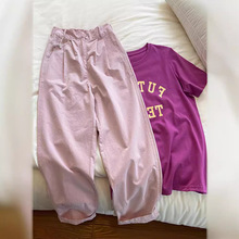 粉色小清新休闲裤女宽松直筒裤梨型身材穿搭显瘦遮肉棉质夏季裤子