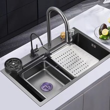 瀑布大单槽304不锈钢厨房水槽洗菜盆家用加厚洗手台下洗手洗碗池
