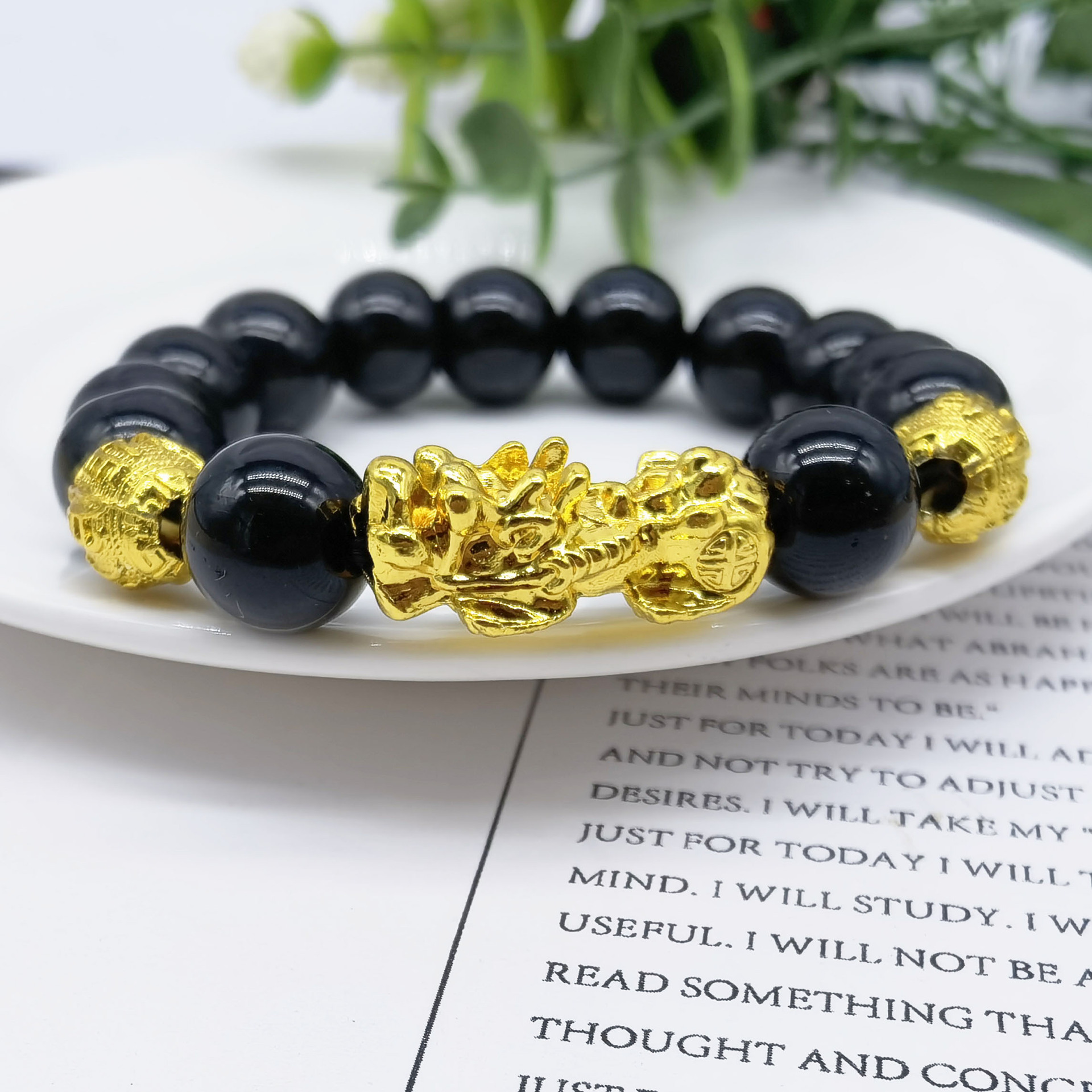 跨境爆款貔貅手链男女仿3d硬金99黑曜石招财佛珠手链现货天然手链