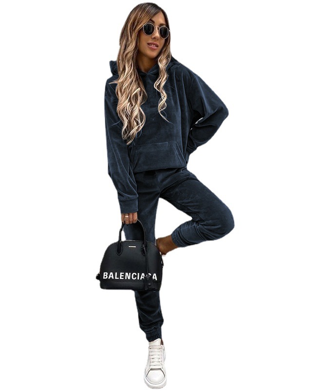 2023 Cross-Border Foreign Trade Autumn and Winter Sports New European and American Women's Clothing Amazon Loose-Fitting Solid Color Long Sleeves Leisure Suit