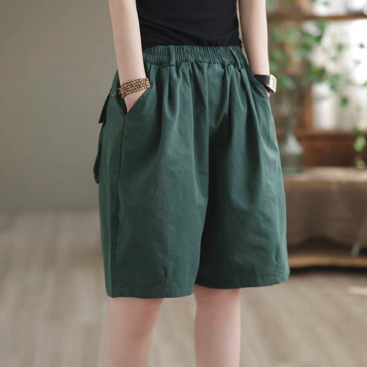 夏季新款休闲短裤女宽松大码高腰纯棉裤子棉麻五分中裤时尚阔腿裤