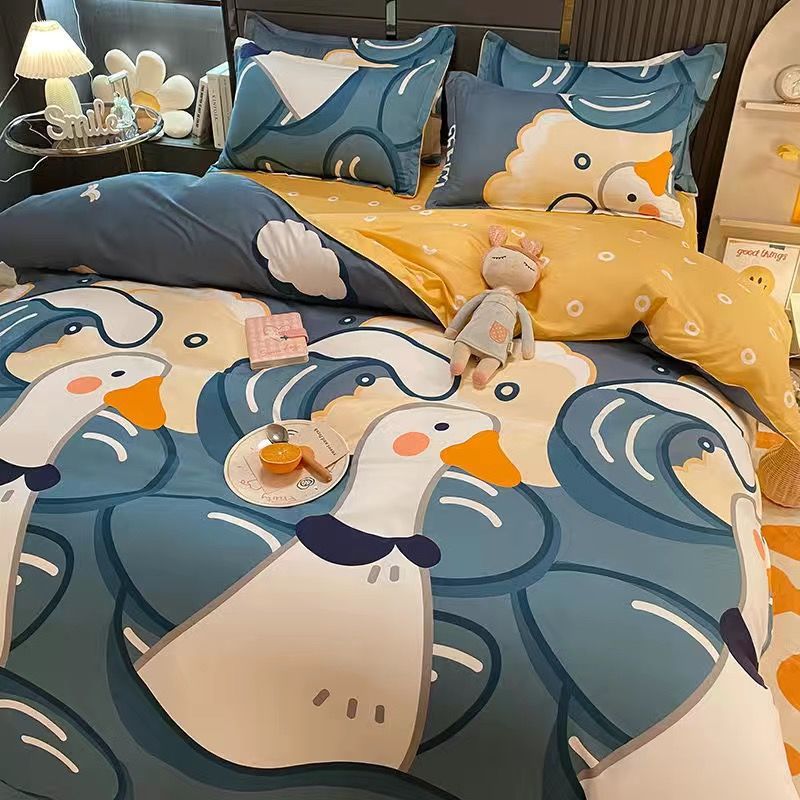 Cartoon Cat Plaid Four-Piece Set Washed Cotton Quilt Cover Beddings Quilt Cover Bed Sheet Student Dormitory Three-Piece Set
