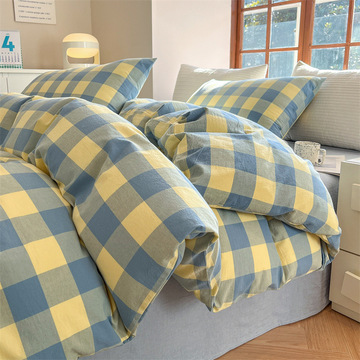 a类全棉色织水洗棉四件套 纯棉无印条格 床单款 床笠款套件四件套