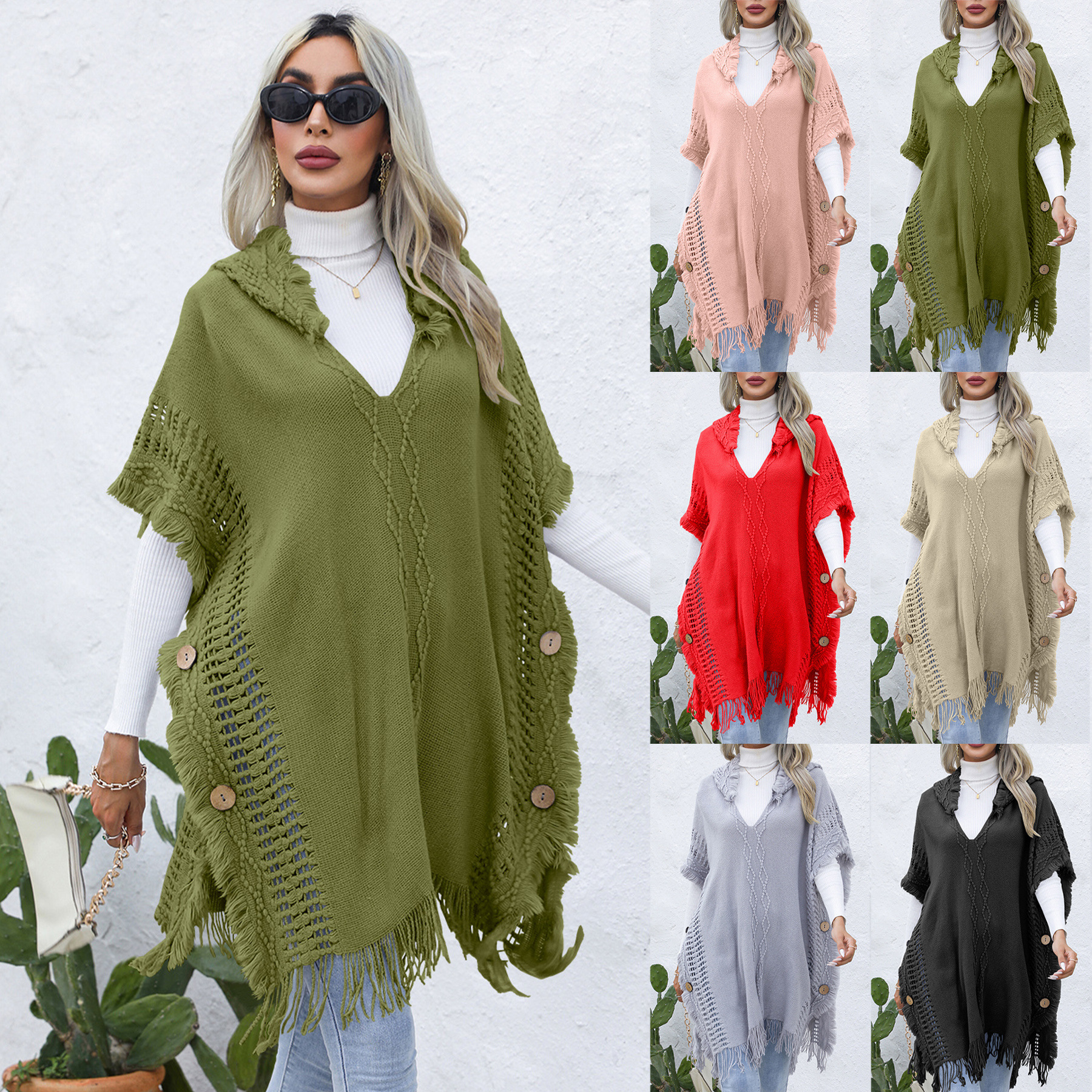 2023秋冬欧美外贸女装新款v领带帽斗篷披肩外套流苏针织毛衣外套