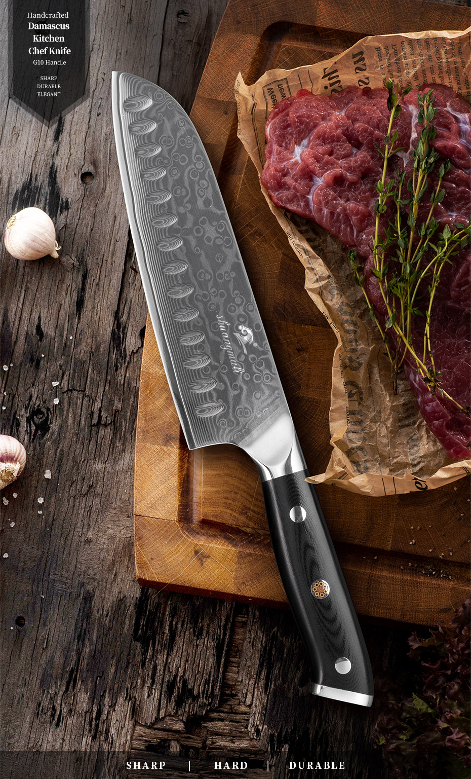 大马士革钢刀 7寸三德刀vg10手把厨房料理厨师刀 跨境专供批发