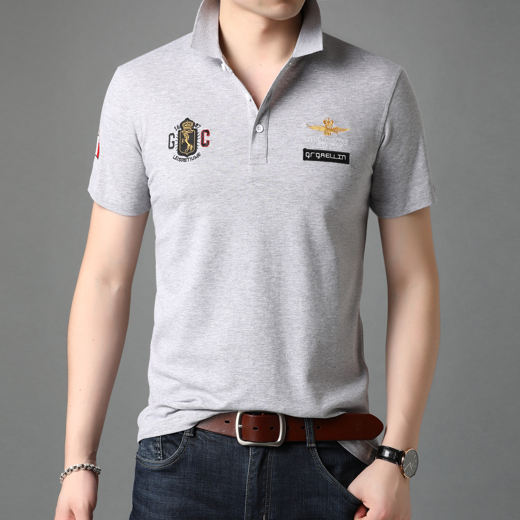 男士纯色短袖丅桖2022新款翻领polo衫夏装带领时尚潮牌t恤上衣服