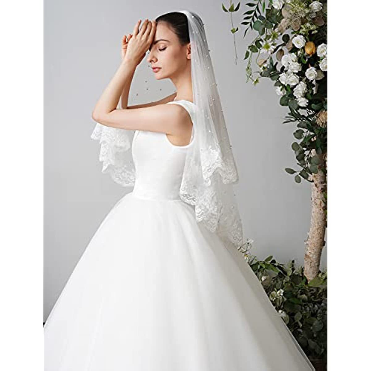 短款双层珍珠蕾丝新娘头纱结婚婚纱礼服配饰带头梳