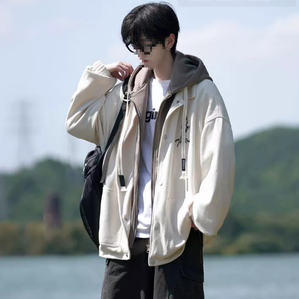 胖哥哥假两件棒球服男春秋季青少年宽松连帽夹克大码潮流印花外套