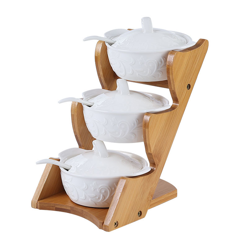 New Simple White Ceramic Wooden Bottom with Lid Seasoning Containers Dried Fruit Tea Household Restaurant Storage Bottle