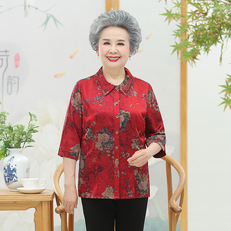 老太太老人衣服60岁中年妈妈翻领纽扣老年人春夏女奶奶装洋气衬衫