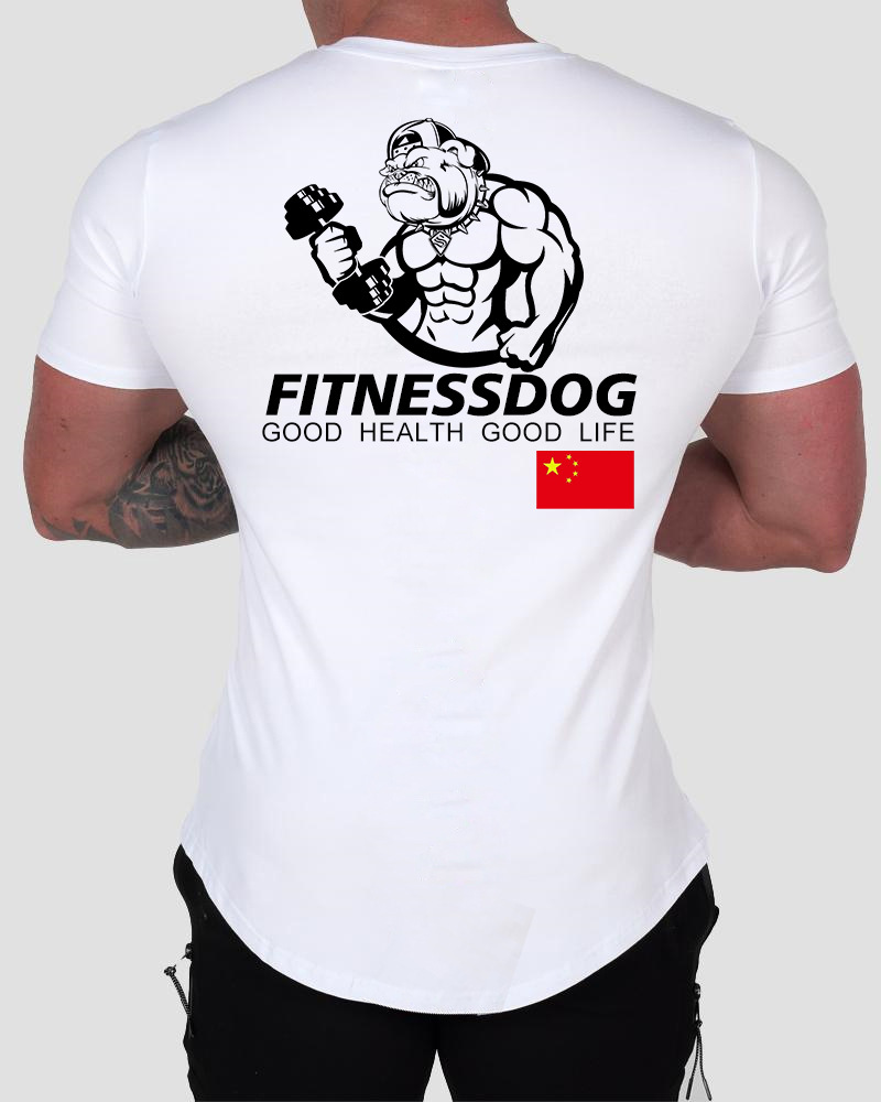 肌肉男健身狗短袖跑步运动休闲t恤撸铁训练棉质圆领印花篮球半袖