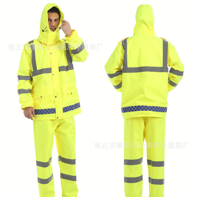 Reflective Raincoat Rain Pants Suit Fluorescent Yellow Adult Traffic Riding Patrol Duty Split Raincoat Printable Logo