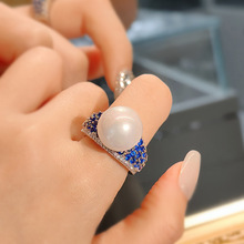 法式复古仿巴洛克珍珠戒指极光炫彩马贝珍珠镶钻蓝尖晶高碳钻指环