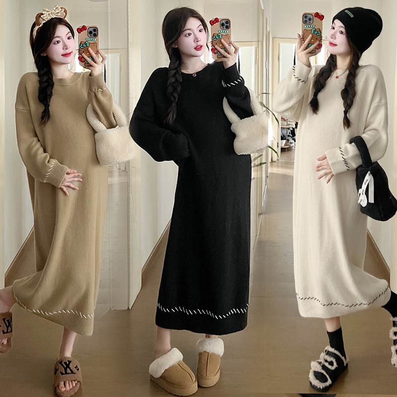 Internet Celebrity Pregnant Women Autumn and Winter Large Size Thickened Knitting Long Dress Gentle Soft Glutinous Loose Design Pullover Dress Sweater