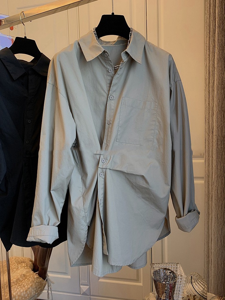 日本设计师气质错位纽扣两穿宽松纯棉长袖衬衫女上衣气质秋装
