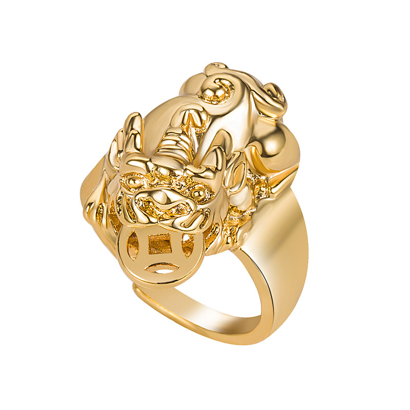 霸气金钱币貔貅戒指镀银黄金色吉祥物转运戒指创意貔貅戒指环