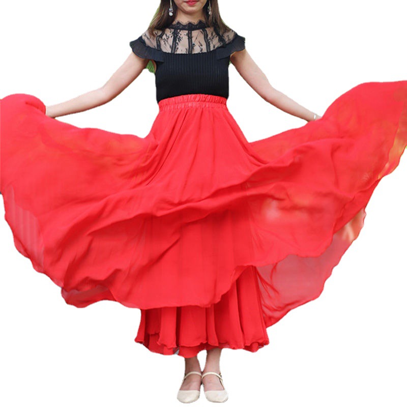 Large Swing Three-Layer Chiffon Skirt Women's Spring and Summer A- line Skirt New Long Dress Slimming Beach Fairy Dress Dancing Dress