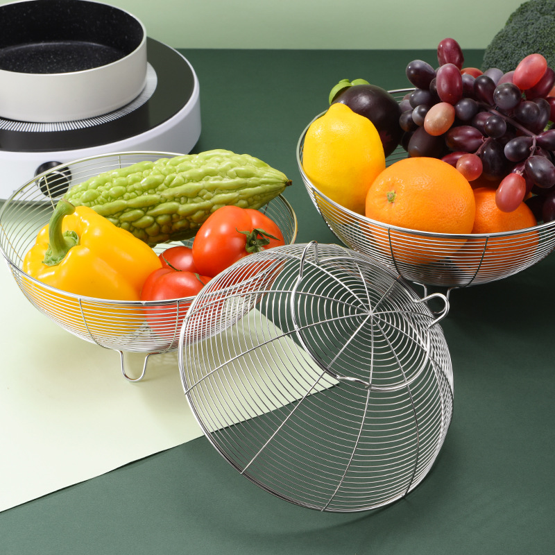 Stainless Steel Fruit Basket Household Drain Basket Vegetable Basket round Tripod Storage Basket Kitchen Gadget