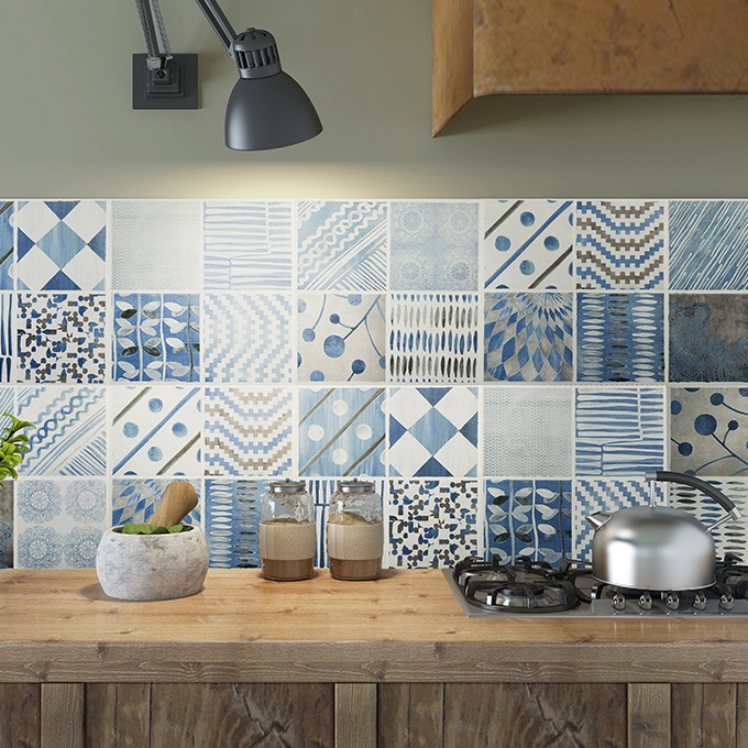 北欧复古蓝色花砖300x300卫生间防滑地砖厕所背景墙厨房阳台墙砖