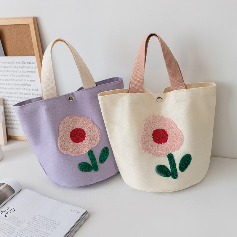 Embroidered Canvas Handbag Women's New Korean Towel Embroidery Student Large Capacity Lunch Box Lunch Bag Tote Bag for Going out