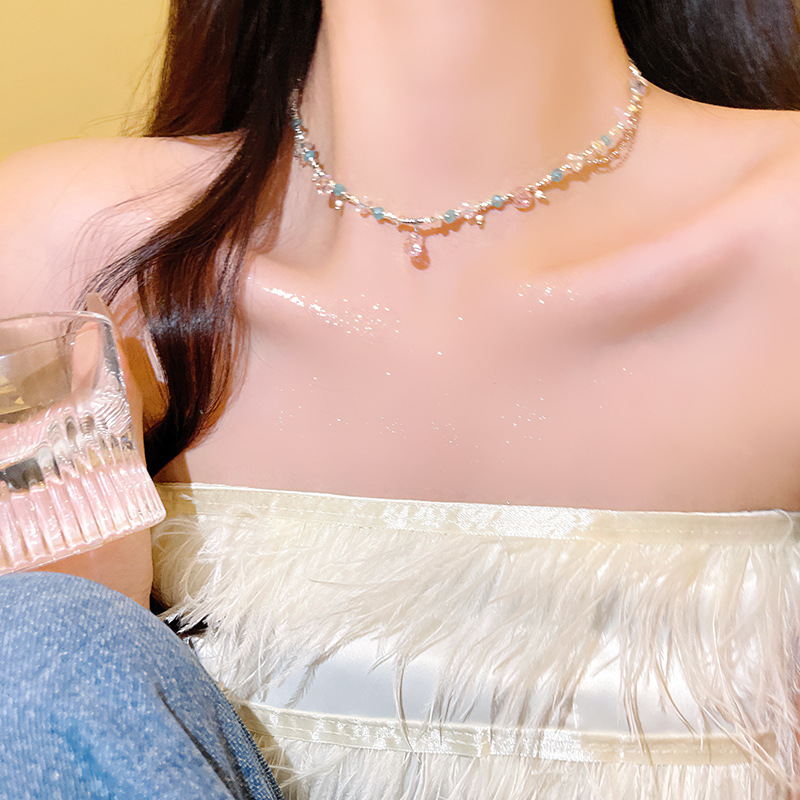 sweet dopamine color crystal necklace for women light luxury minority cool wind clavicle chain internet celebrity same style necklace wholesale