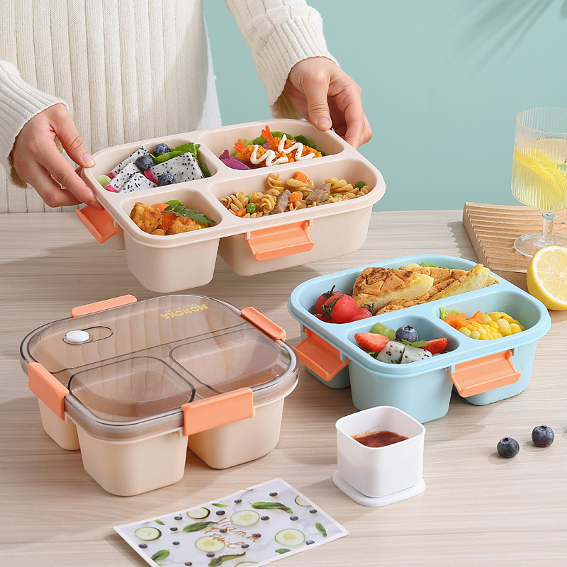 Instagram Mesh Red Three Four Divided Lunch Box Student Bento Box with Soup Box Microwaveable Office Picnic Adult Lunch Box