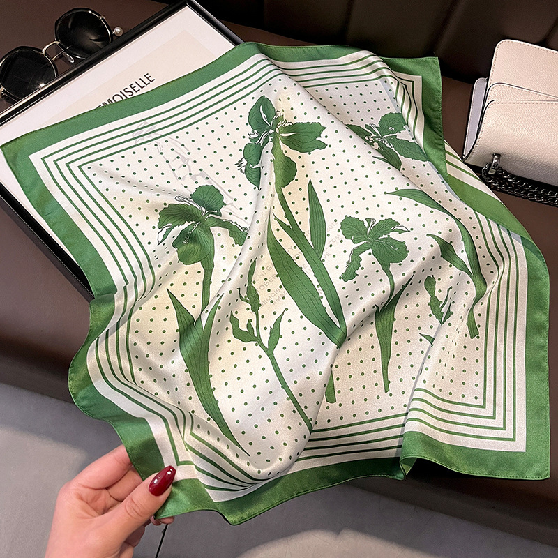 Korean Style Green Fresh Simple Polka Dot Floral Silk Scarf Women's 53 Square Scarf Commuter Business Neck Scarf