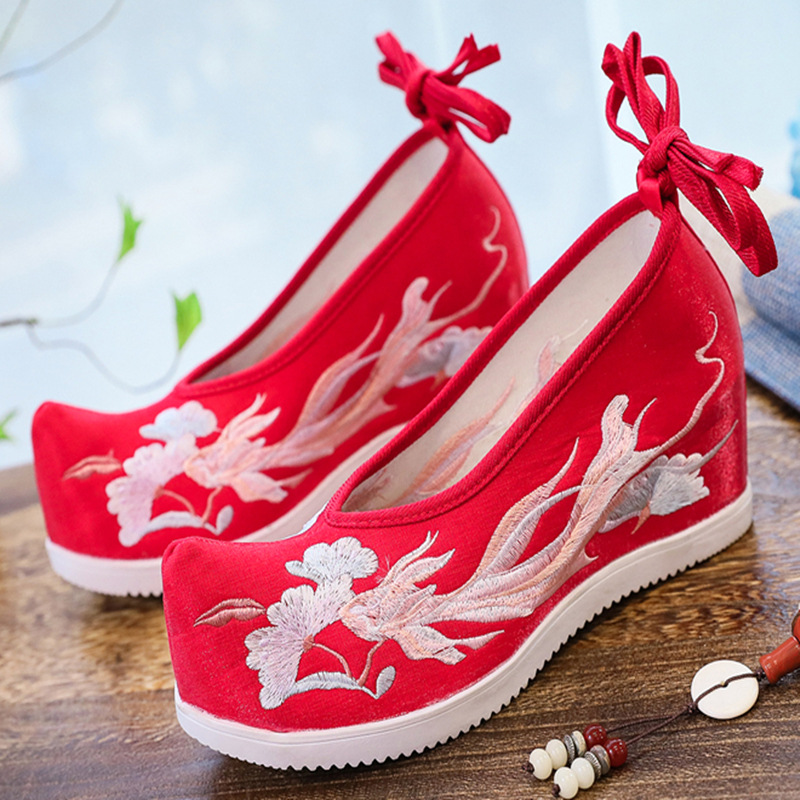 High Heel the Han-Style Clothing Shoes Female Antique Retro Ethnic Style Embroidered Shoes New Han Elements Matching Student Embroidered Cotton Shoes