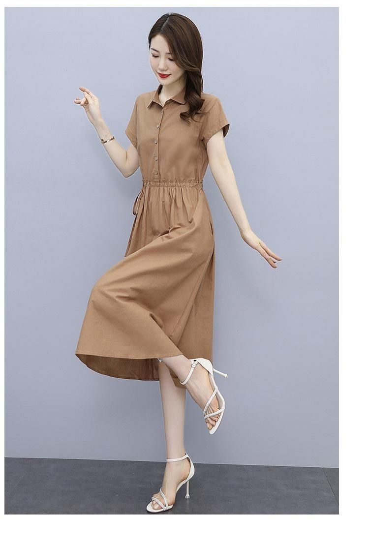 时尚连衣裙女收腰显瘦2022夏季新款韩版纯色气质百搭休闲妈妈裙子