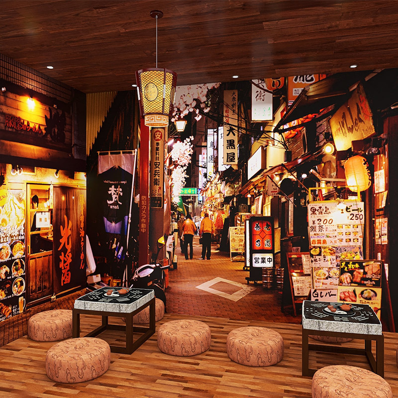 日本街景墙纸霓虹灯招牌烧烤寿司店和风餐厅剧本杀壁纸居酒屋装修