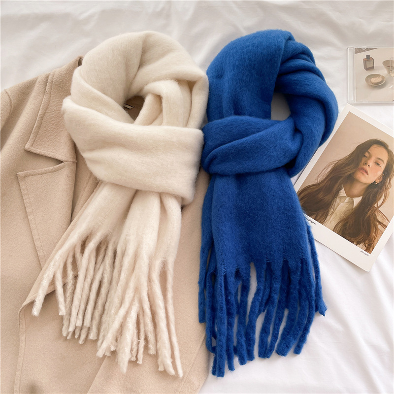 mohair scarf pure color all-matching winter warm lengthened fringe bib scarf men‘s and women‘s european and american export thick scarf