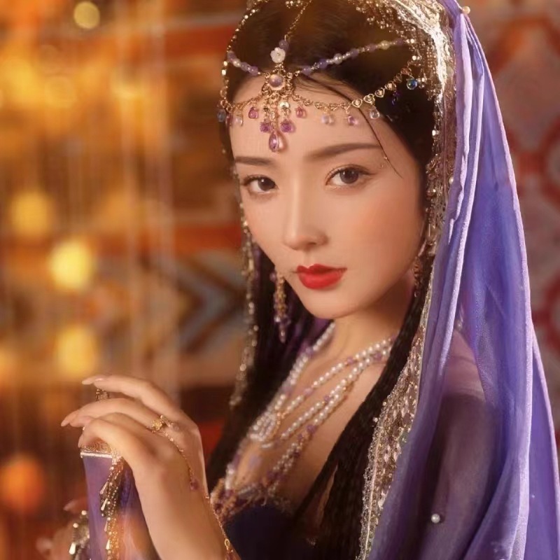 敦煌异域飞天头饰紫色西域公主旅拍古风发冠民族风情舞姬服装配饰