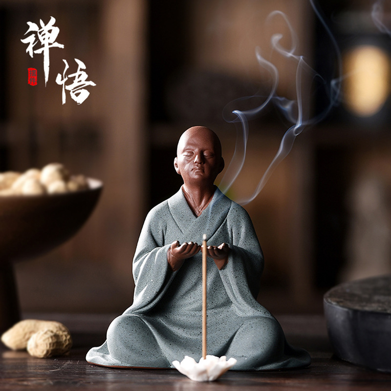厂家直销创意紫砂祈福保平安小和尚禅意佛像精品陶瓷茶宠香插摆件