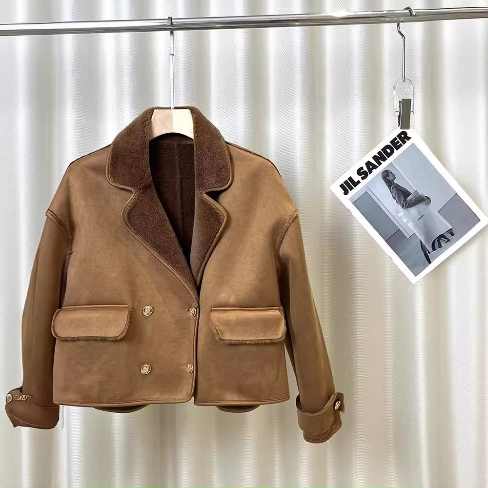 全羊毛美拉德羊剪绒皮毛一体女双排扣新款小个子皮草外套kyp2369