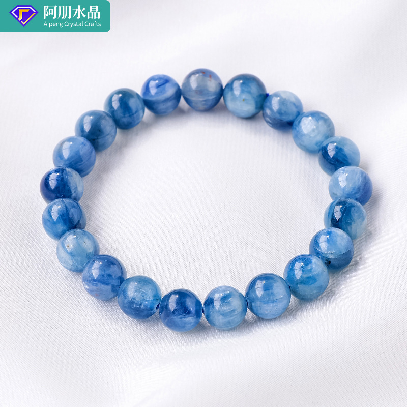 天然水晶蓝晶石圆珠手链猫眼蓝宝石矿物老矿料蓝色水晶单圈手串批