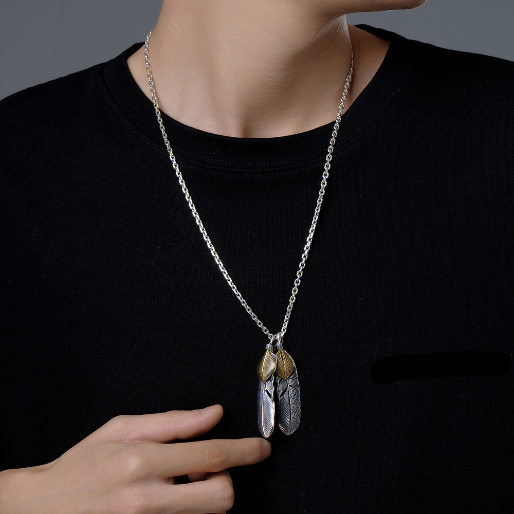 s925纯银项链高桥吾郎金色做旧羽毛泰银项链日韩潮复古长款毛衣链