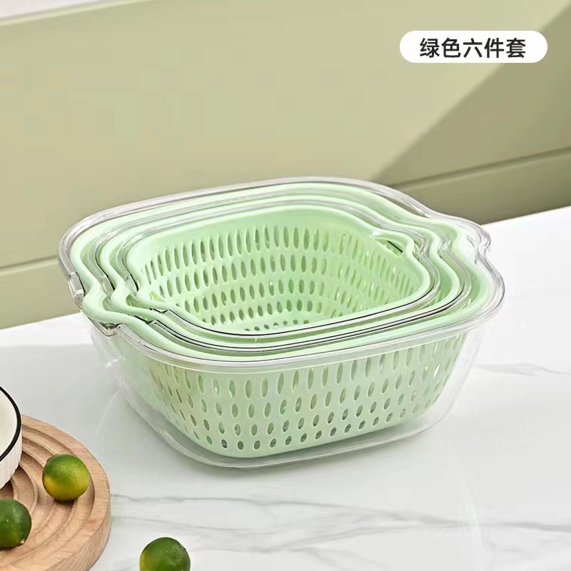 Double-Layer Vegetable Washing Basket Draining Basket Six-Piece Kitchen Living Room Home Washing Fruit Plate Simple Plastic Taobao Vegetable Basket