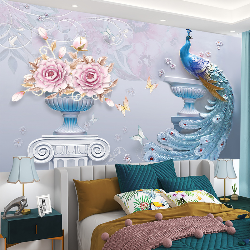 电视背景墙孔雀贴纸自粘装饰画墙贴纸客厅卧室整张壁画纸外贸出口