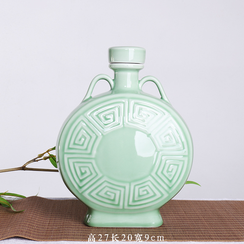 空瓶3斤青釉双耳扁瓶无字款景德镇陶瓷酒瓶酒壶装饰密封摆件-阿里巴巴