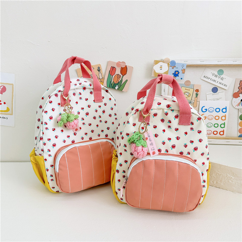 New Canvas Strawberry Children's Bags Girls Kindergarten Backpack Cute Leisure Travel Parent-Child Backpack Foreign Trade Wholesale