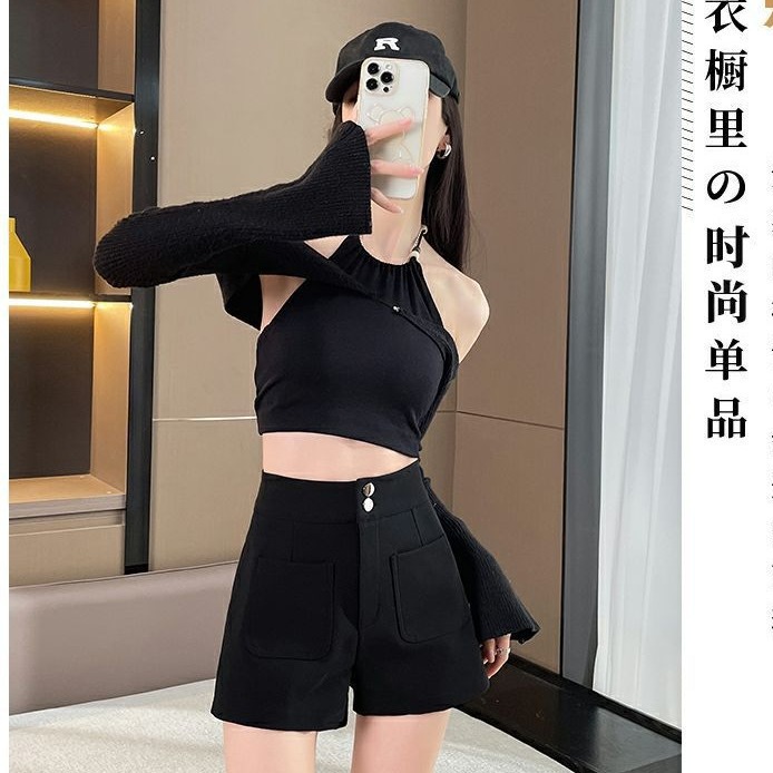 双口袋黑色休闲短裤女夏季2024年新款韩版纯色显瘦百搭阔腿热裤潮