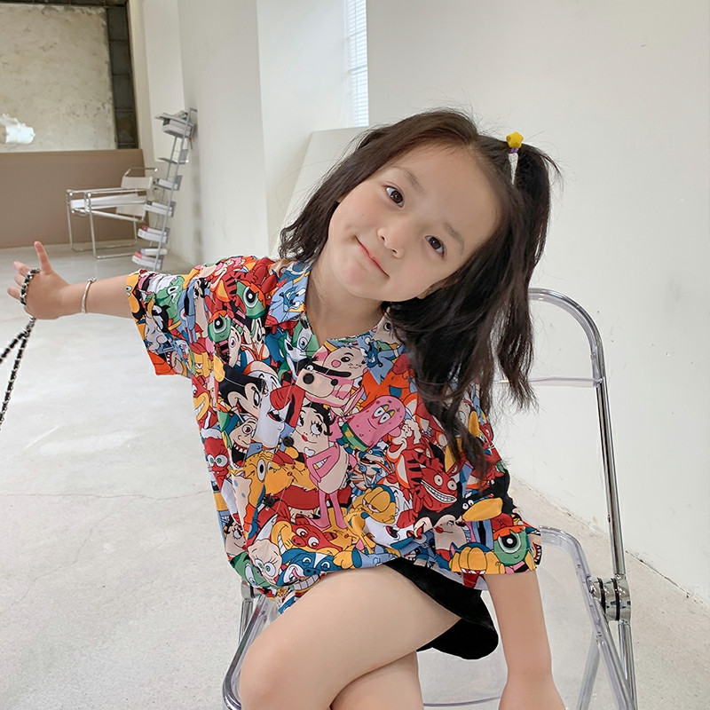 夏季女童短袖衬衫宝宝网红洋气儿童个性潮韩版外贸卡通满印花衬衣