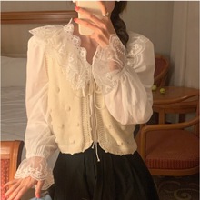 韩版可爱蕾丝花边拼接刺绣白衬衫+球球系带针织开衫马甲套装女