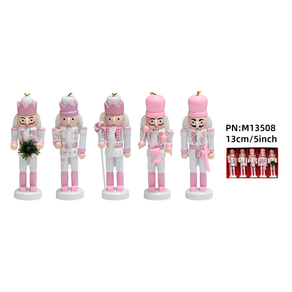 13cm Nutcracker Soldier Puppet Set Five Garland Pink White Cute Christmas Decoration Holiday Small Gift Pendant